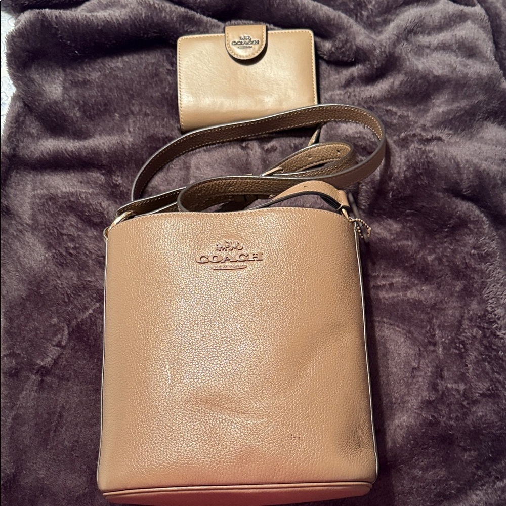 Dark Stone Coach Leather Crossbody Bag and Wallet